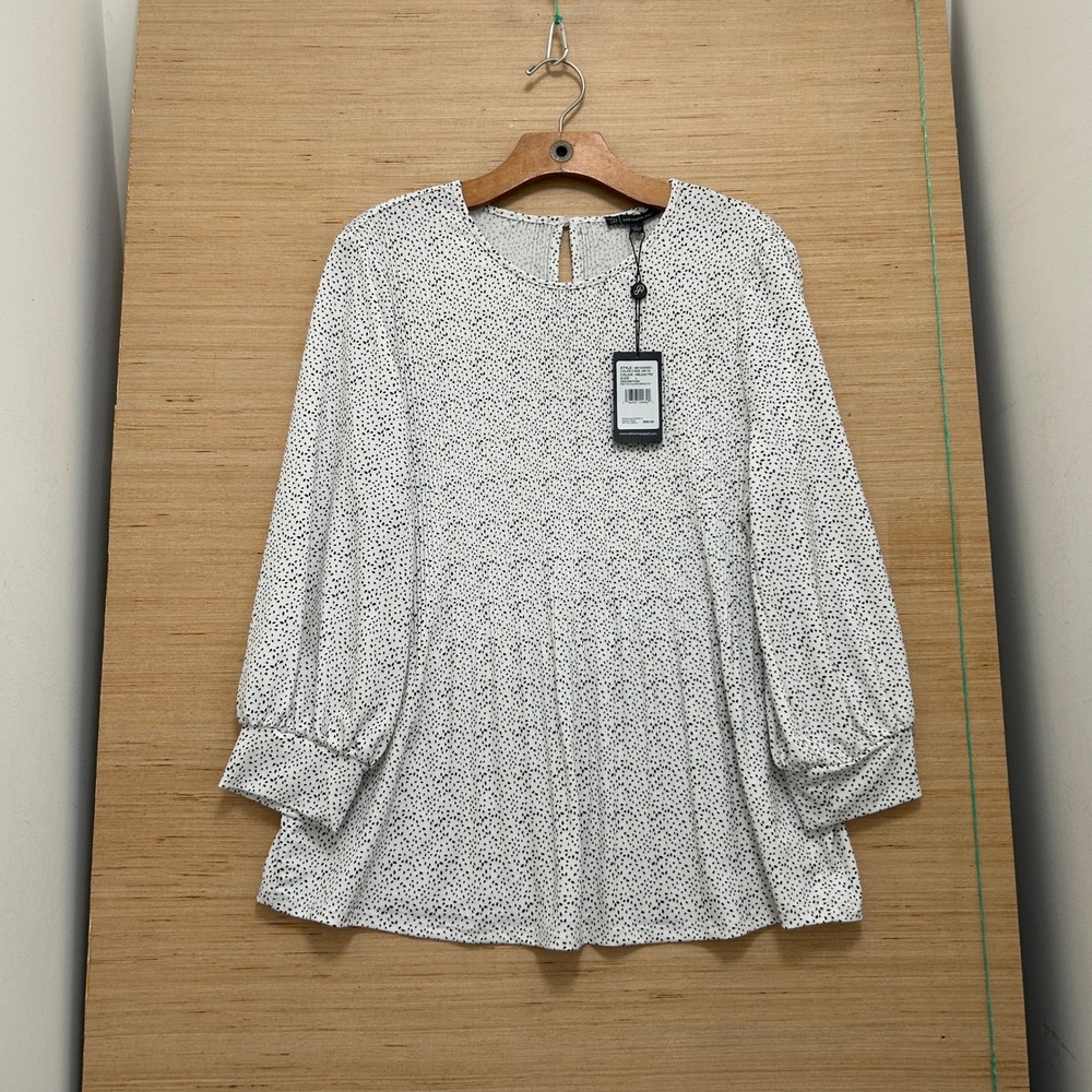 Adrianna Papell‎ Ivory Black Spotted Pleated Trapeze Top L AD1S300923 NWT